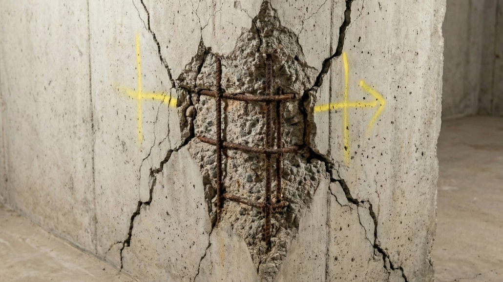 Concrete wall cracking with exposed reinforcing steel and marked repair area