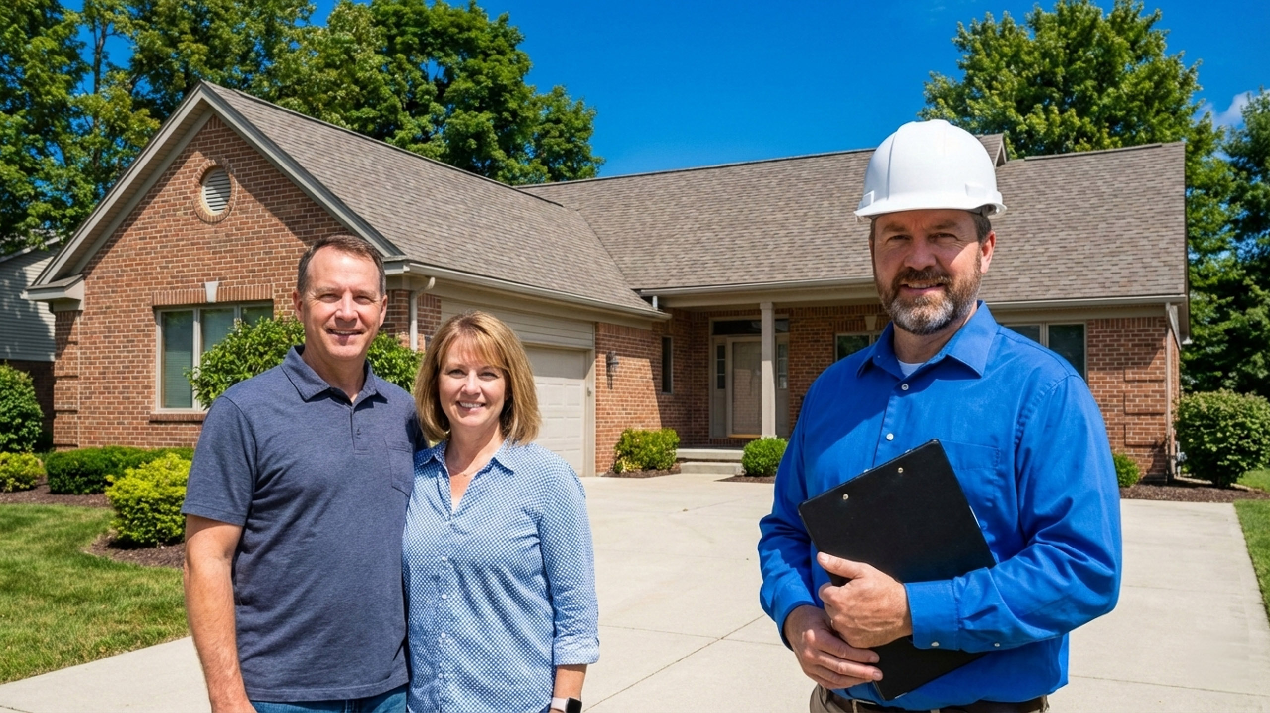 Michigan licensed engineer wearing a white hard hat holding a clipboard, standing with homeowners in front of a single-family residence in Michigan